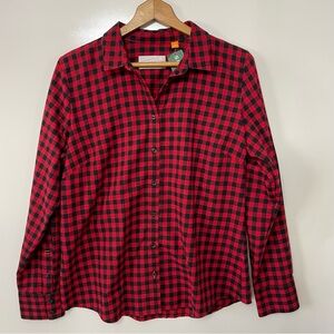 Orvis Long Sleeve Button Down Red and Black Check Flannel Shirt, Size L